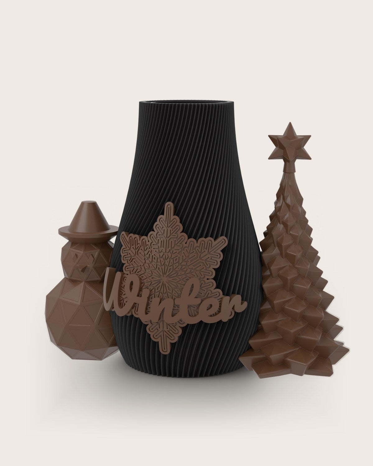 Weihnachtsvase Clipvase in Schwarz mit Clips „Winter“, Schneemann und Tannenbaum in Kupfer