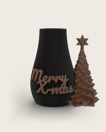 Weihnachtsvase Clipvase in Schwarz mit Clips „Merry X-Mas“ und Tannenbaum in Kupfer
