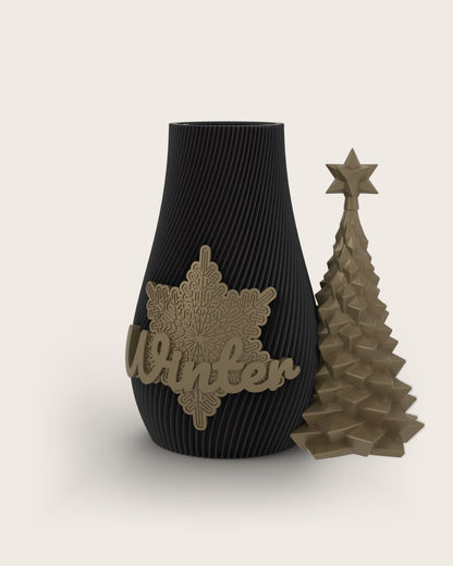 Weihnachtsvase Clipvase in Schwarz mit Clips „Winter“ und Tannenbaum in Gold