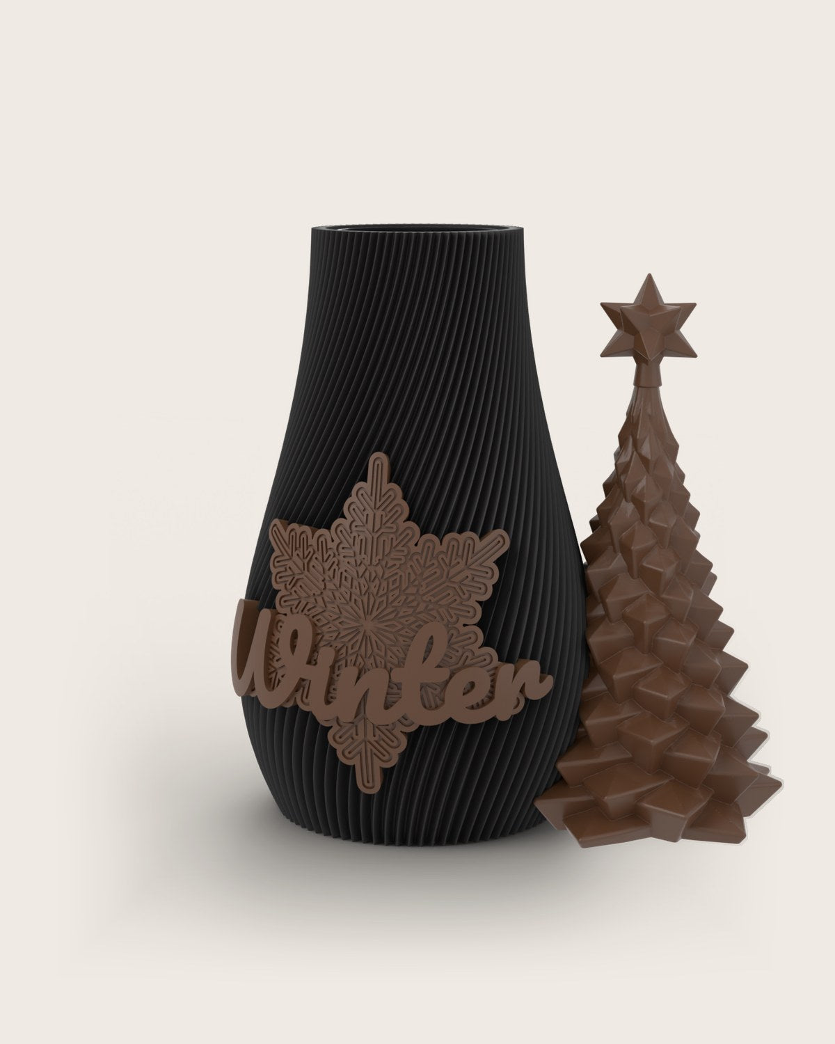 Weihnachtsvase Clipvase in Schwarz mit Clips „Winter“ und Tannenbaum in Kupfer