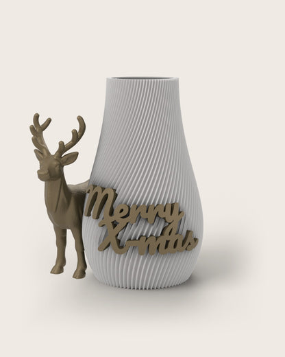 Weihnachtsvase Clipvase in Weiß mit Clips „Merry X-Mas“ und Rentier in Gold