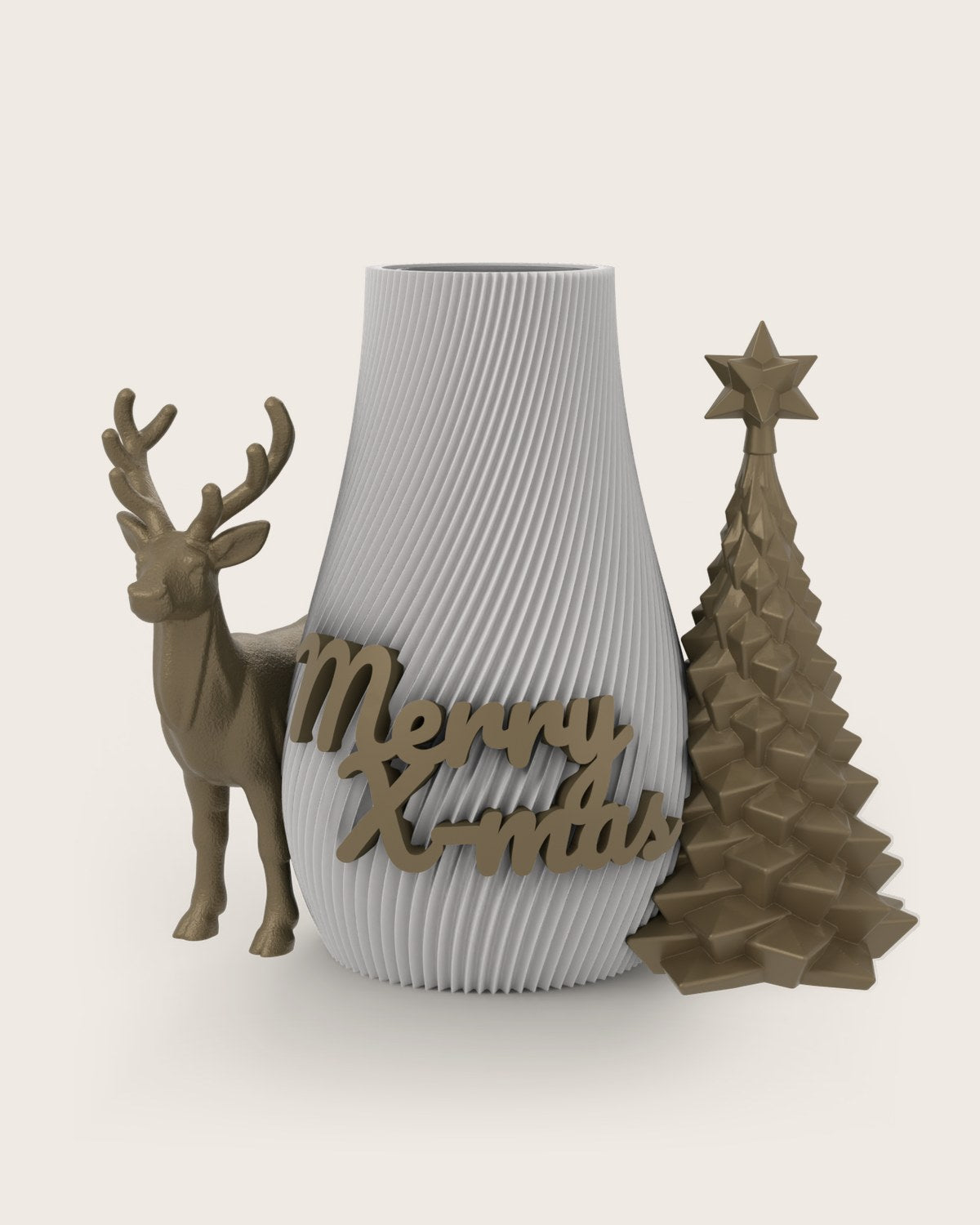 Weihnachtsvase Clipvase in Weiß mit Clips „Merry X-Mas“, Rentier und Tannenbaum in Gold