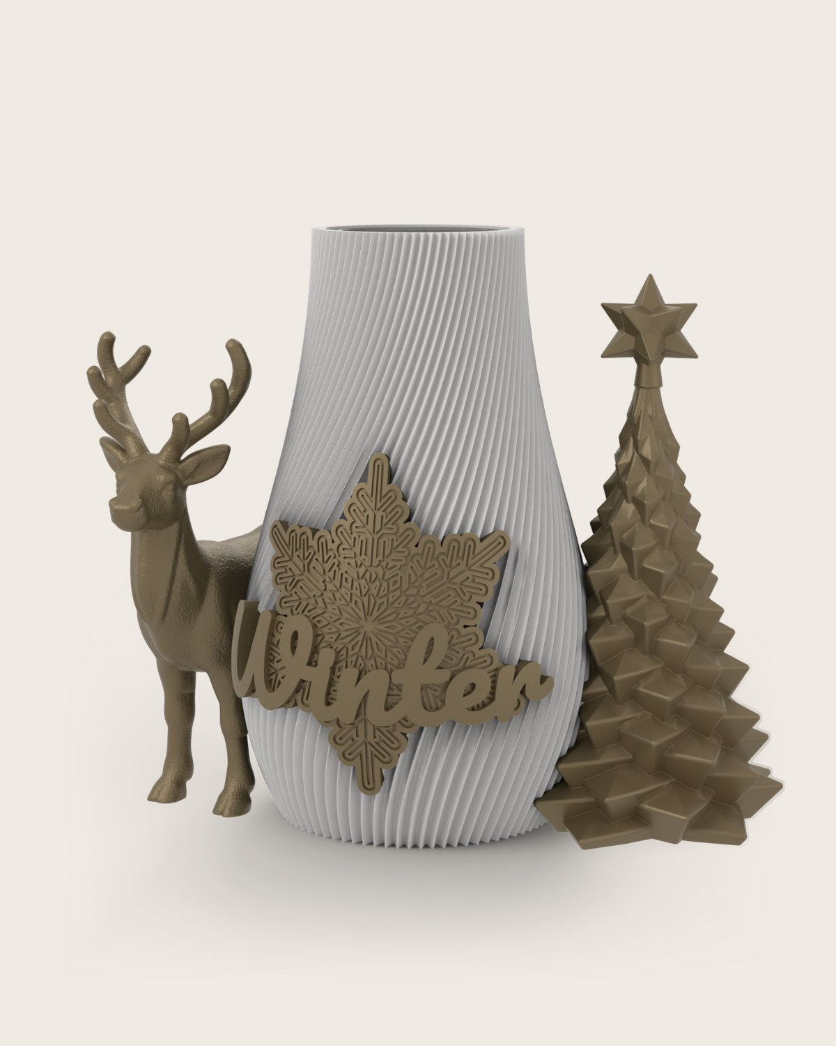 Weihnachtsvase Clipvase in Weiß mit Clips „Winter“, Rentier und Tannenbaum in Gold