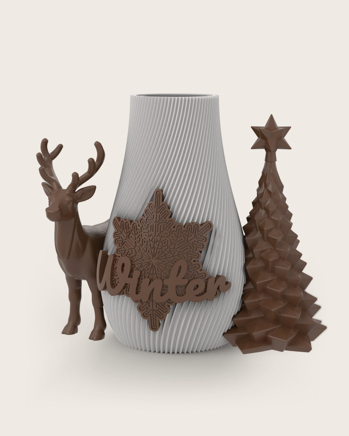 Weihnachtsvase Clipvase in Weiß mit Clips „Winter“, Rentier und Tannenbaum in Kupfer