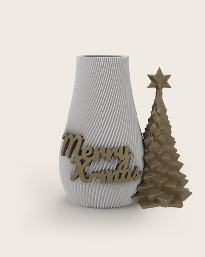 Weihnachtsvase Clipvase in Weiß mit Clips „Merry X-Mas“ und Tannenbaum in Gold