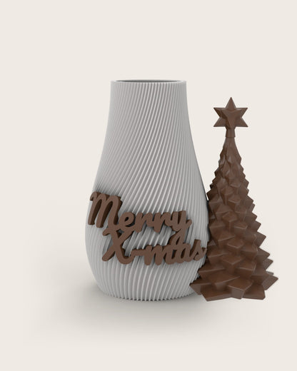 Weihnachtsvase Clipvase in Weiß mit Clips „Merry X-Mas“ und Tannenbaum in Kupfer