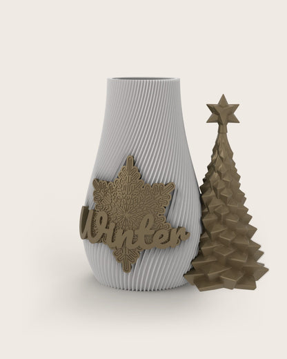 Weihnachtsvase Clipvase in Weiß mit Clips „Winter“ und Tannenbaum in Gold